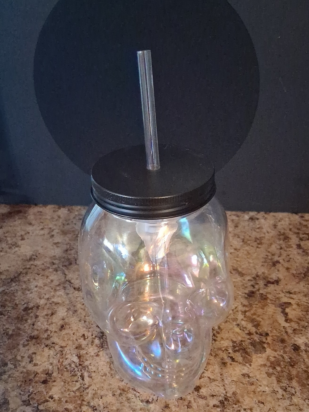 Iridescent Skull Drink Tumbler with Black Lid and Clear Straw